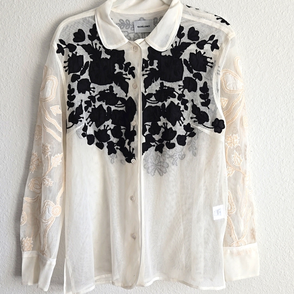 Rachel Comey Sheer Ivory Button-Down Shirt with Black Floral Embroidery